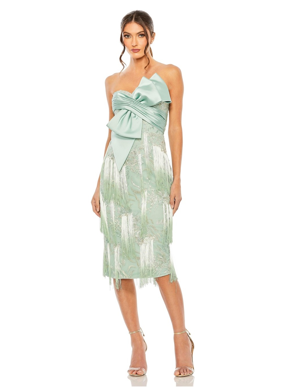 Mac Duggal Strapless Mint Green Bow-Detail Fringe Sheath Dress